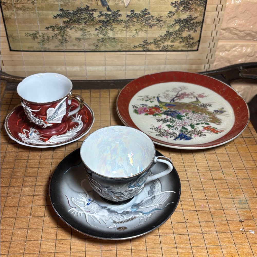 Dragonware Cup Saucer 2 Pair 1 Grey Lusterware, 1 Red Occ. Japan w Satsuma Plate